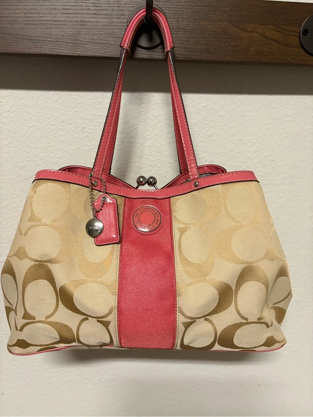 Coach Beige Signature Tote with Pink Trim - Picture 2 of 10